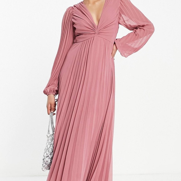 ASOS Dresses & Skirts - Asos Design Pleated Bodice Plunge Neck Midi Dress in Rose